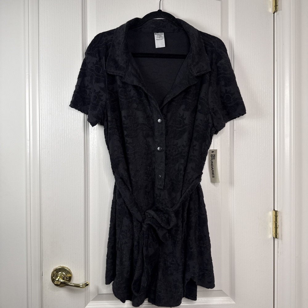 NWT Juniors XL Black Terry Cloth Swim Coverup Dress Belted Collared Beach 16-18